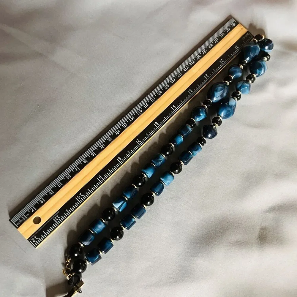 Vintage Lucite Necklace Black Blue  Marbled Chunky Beads Gold Swirl BEAUTIFUL